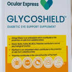 Front of an Ocular Express Glycoshield diabetic eye support supplement box, showing the brand name, product name, and several benefit callouts on a white background with blue and orange text blocks.