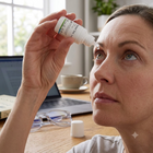 A woman holding an eye drop bottle to her eye in a bright, modern home office setting with a laptop, glasses, and a cup on the desk.