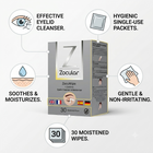 Zocular ZoculWipe eye drops packaging box shown on a light gray background with callout icons and text describing benefits: effective eyelid cleanser, hygienic single-use packets, soothes and moisturizes, gentle and non-irritating, and 30 moistened wipes.
