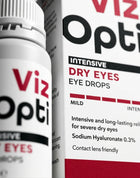 Viz Opti Intensive Dry Eyes Eye Drops bottle and packaging box, featuring a white design with red and black text.