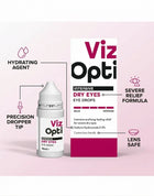 Viz Opti Intensive Dry Eyes Eye Drops 10ml bottle and its packaging box on a soft pink gradient background, with callout labels pointing to features like hydrating agent, precision dropper tip, severe relief formula, and lens safe.