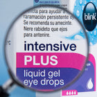 Close-up of a boxed or bottled eye drop product with a magnifying glass overlay, showing text including 'intensive PLUS liquid gel eye drops' and a visible 'blink' brand mark.