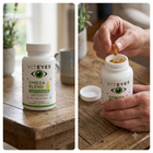 A split-panel lifestyle shot of Viteyes Omega Blend dietary supplement. The left panel shows the white bottle with a green and black label on a rustic wooden table.