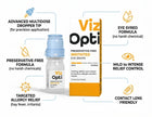 Viz Opti Preservative-Free Irritated Eye Drops bottle and packaging box shown on a white background with marketing callouts around it.