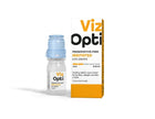Viz Opti Irritated Eye Drops shown as a small clear bottle with a light blue cap next to its white and orange retail box on a clean white background.