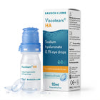 Viscotears HA 0.1% eye drops by Bausch + Lomb, showing the 10ml dropper bottle with a blue cap, two clear contact lenses, and the product packaging box on a white background.