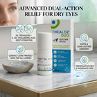 Thealoz Duo dry eye relief drops shown with their retail box on a marble surface, alongside informational callouts and a blurred person in the background. The product bottle and box are white and blue with green accents, and the image includes marketing text about advanced dual-action relief for dry eyes.