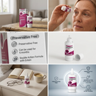 A 2x3 collage showing a pink and white bottle of Hycosan Tears with its packaging, a close-up of a woman holding the bottle to her eye, a product information panel reading 'Preservative Free', and the bottle on a desk beside an open book and coffee cup.