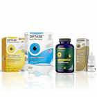 Collection of eye care products including boxes and bottles on a white background