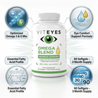 A white bottle of VITIEYES Omega Blend food supplement centered on a white background, surrounded by six circular feature callouts with icons and text about Omega 3 & 6, eye comfort, essential fatty acid profile, and 90 softgels for three months.