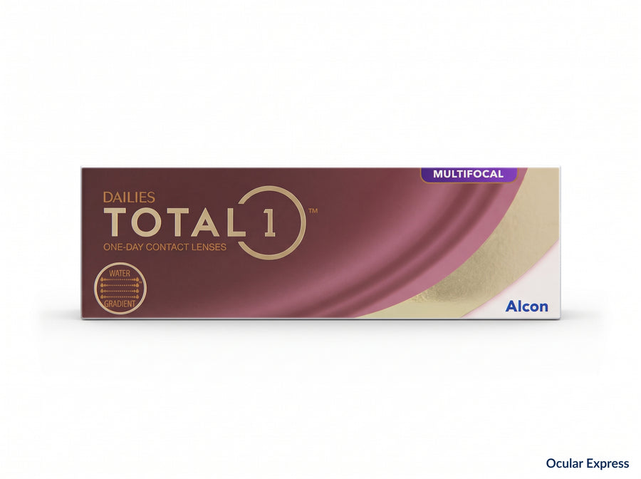 Alcon Dailies Total 1 Multifocal One-Day Contact Lenses packaging box, featuring a maroon and gold design with a purple 'Multifocal' label, on a white background.