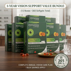 A bundle of eyetamins by OPI Vision Support softgel boxes arranged on a wooden table, with a glass of water and a small dish of red softgels. Text overlays advertise a 1-year vision support value bundle of 12 boxes, and a circular badge claims 365 days of complete care.