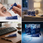 A four-panel collage showing a blue and white eye cream tube and several boxes labeled HYCOSAN NIGHT in different real-world settings: a hand applying cream to an eye, the product on a bedside table with a lamp, a desk scene with a keyboard and coffee, and a clean studio-style product display with boxes and tubes.