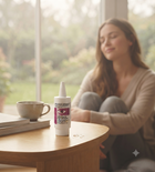 A bottle of Plubisil Retinal eye drops stands on a wooden table in a cozy indoor setting, with a woman sitting in the background near a window.