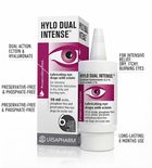 Ursapharm Hylodual Intense lubricating eye drops shown with its retail box and the dropper bottle, featuring a white and magenta design with an eye illustration. Text callouts highlight dual action, preservative-free, and long-lasting benefits.