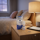 Optase Life Bright Eyes eye drops and its packaging box displayed on a wooden bedside table next to a lit lamp, with a bed in the background.