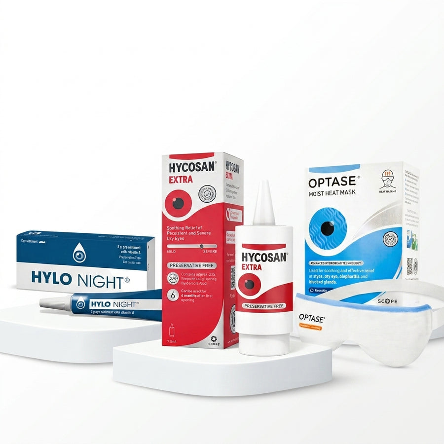 Intensive Dry Eye Relief Bundle – Night Ointment, Lubricating Drops & Heat Mask