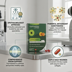A box of eyetamins by OptiKase Vision Support eye drops sits on a metallic counter in a bright clinical setting, surrounded by informational callouts and icons about ophthalmologist approval, antioxidant benefits, vision support, and a simple daily regimen.