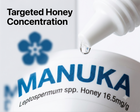 Close-up of a white squeeze bottle labeled MANUKA with a drop of honey dripping from the nozzle, plus text reading 'Targeted Honey Concentration' and 'Leptospermum spp. Honey 16.