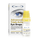 The Eyedoctor Advanced Triple Action Eye Drops shown with its white and gold retail box and a small dropper bottle with a yellow cap on a clean white background.