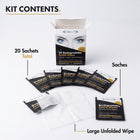 Kit contents layout for biodegradable eyelid wipes, showing the product box, multiple black sachets, a large unfolded wipe, and text labels on a clean white background.