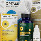 A grouped product display showing Optase manuka oil eye wipes, Hycosan Shield eye drops, and an Eyetamins by Cytease OmegaEye Advanced bottle alongside a Hycosan bottle, with a folded white cloth behind them on a white background.