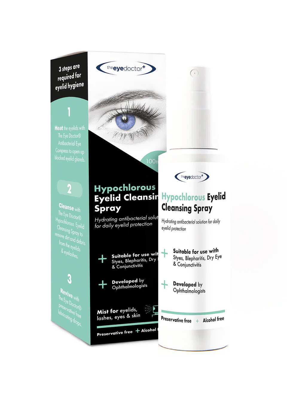 Eyelid cleansing spray with packaging on a white background