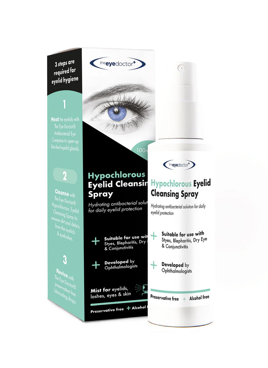 Eyelid cleansing spray with packaging on a white background