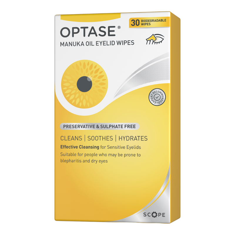 Box of Optase Manuka Oil Eyelid Wipes with yellow and white design