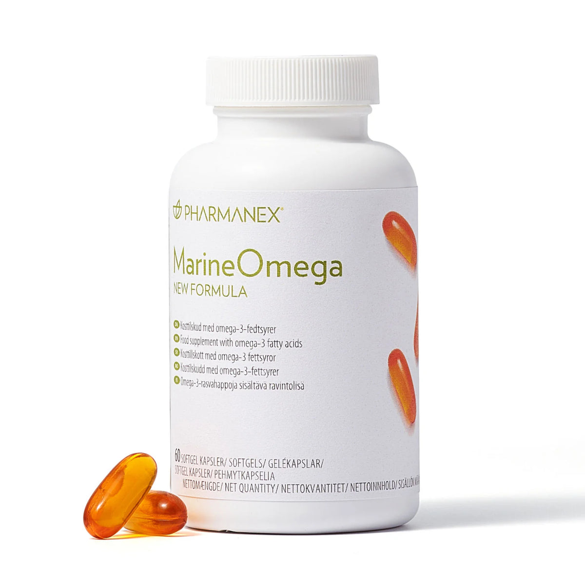 Marine Omega supplement bottle with capsules on a white background