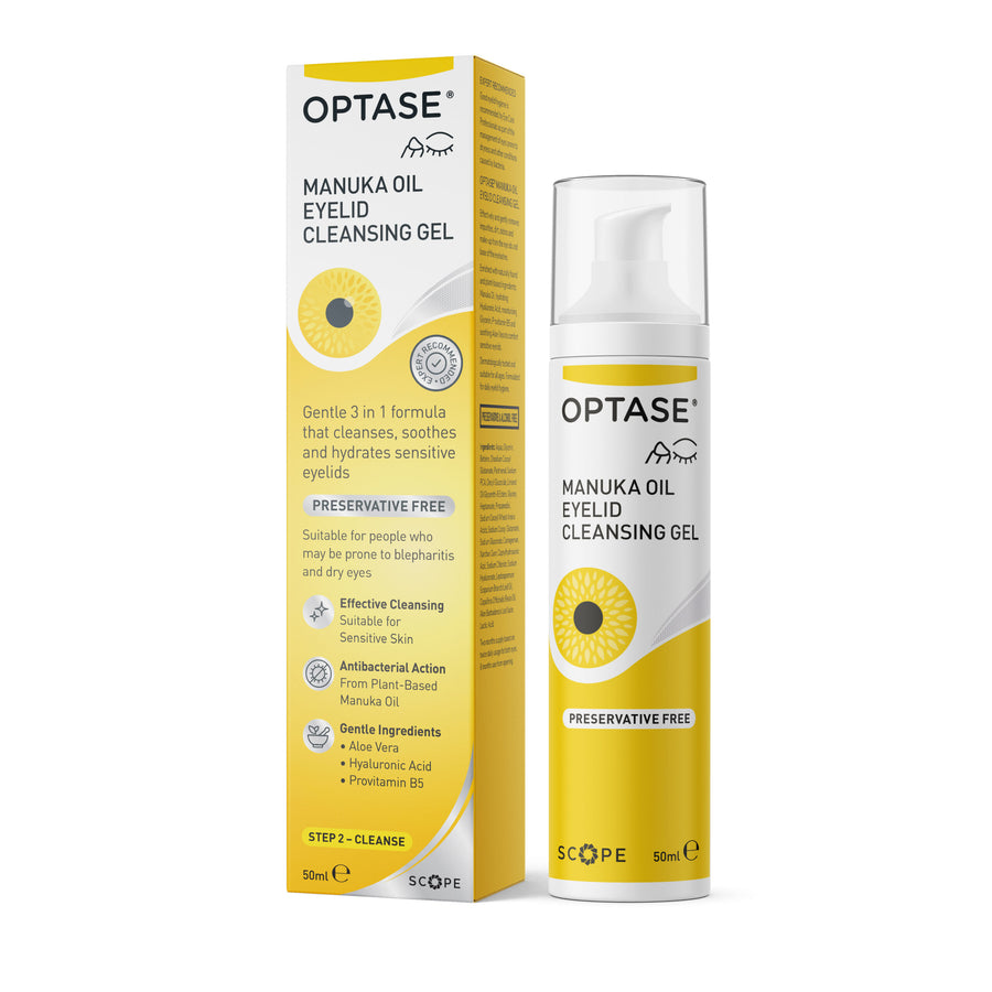 Optase Manuka Oil Eyelid Cleansing Gel packaging and bottle on a white background