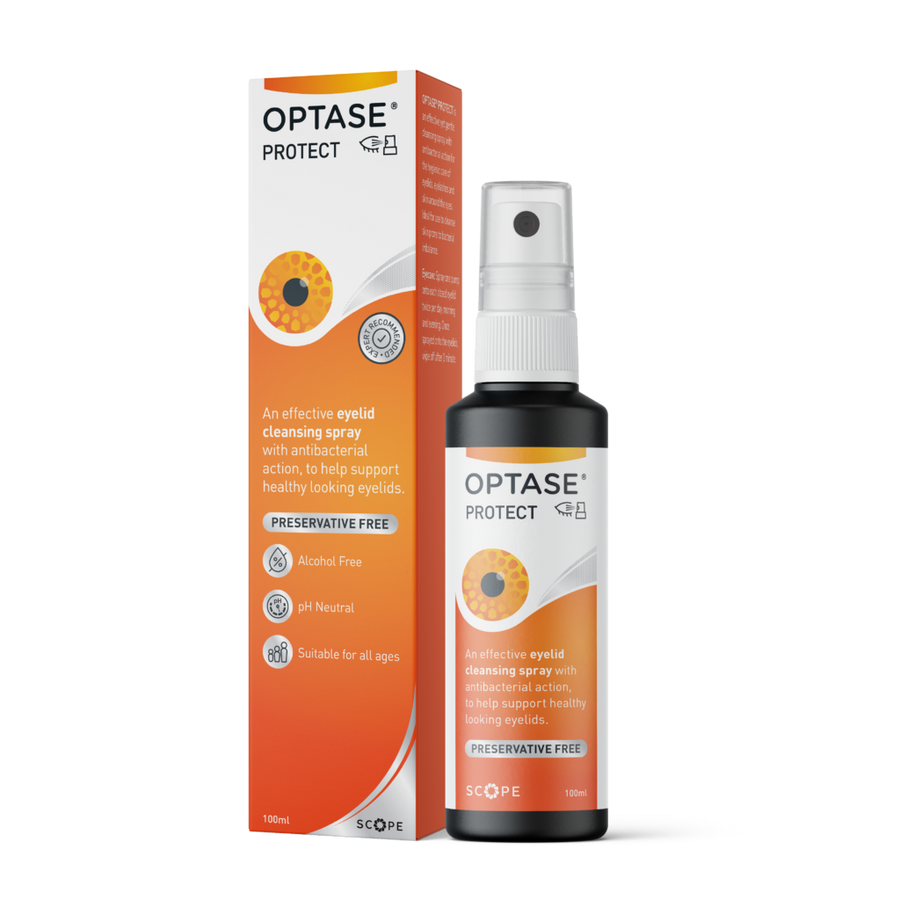 Optase Protect eyelid cleaning spray and packaging on a white background