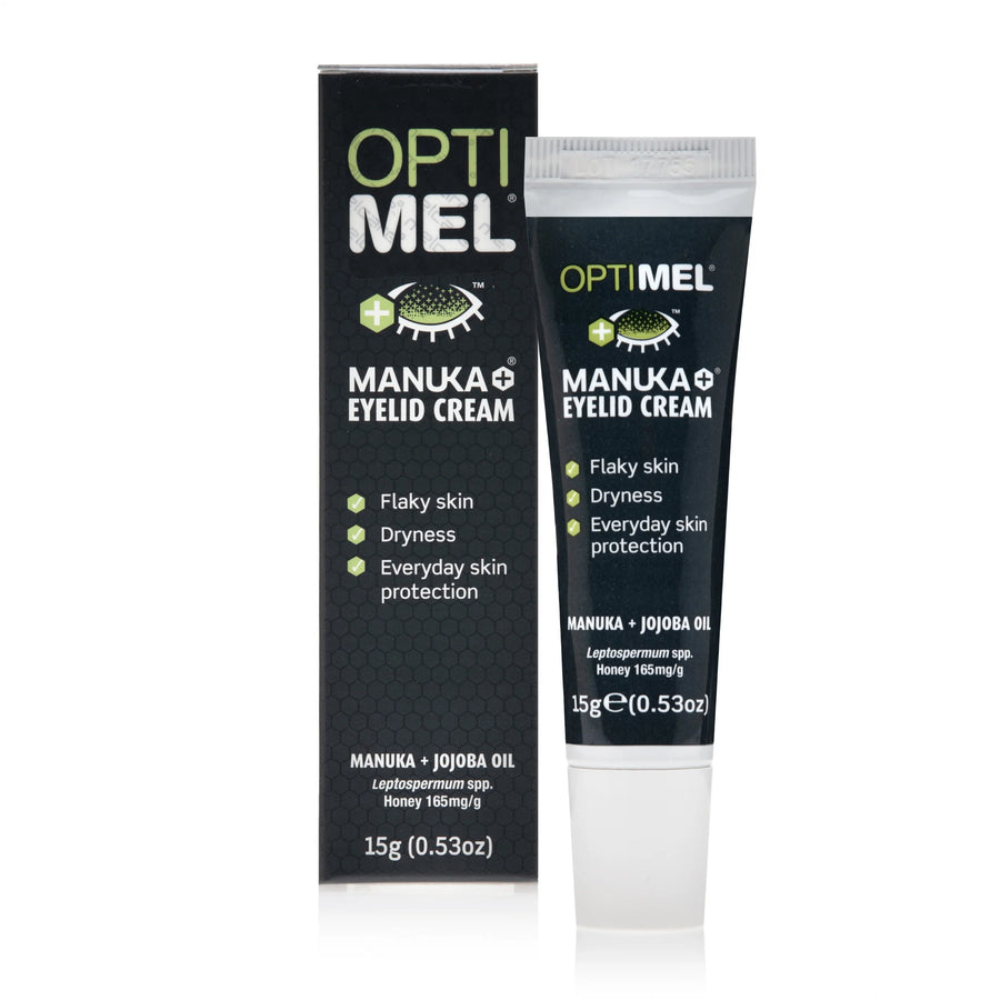 Opti Mel Manuka Eyelid Cream with packaging on a white background