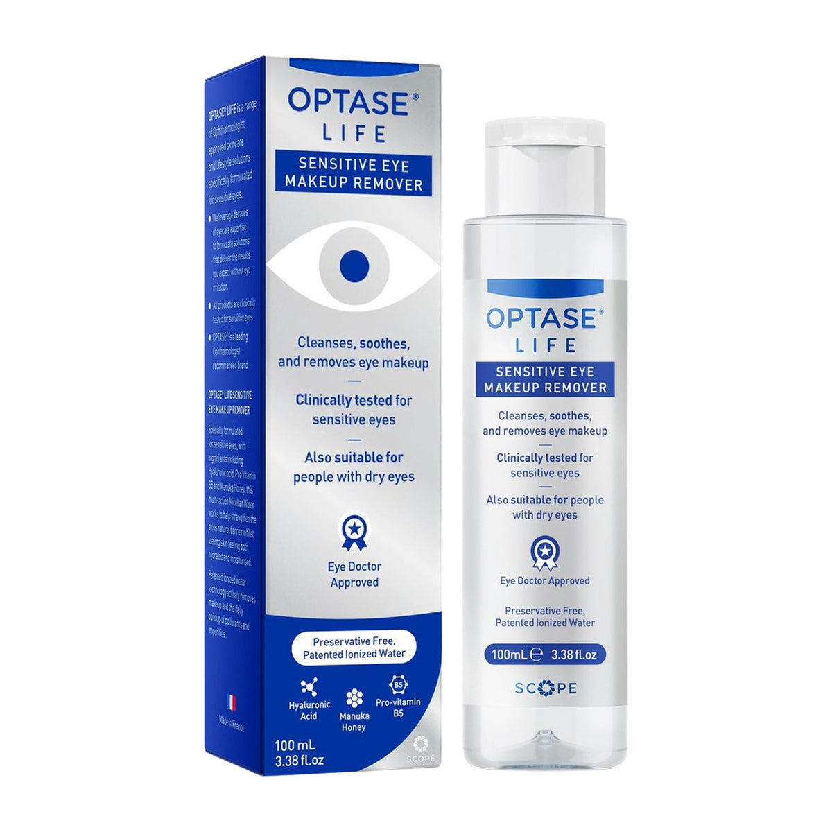 Optase Life Sensitive Eye Makeup Remover bottle and packaging on a white background