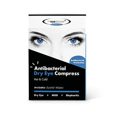 Packaging of antibacterial dry eye compress with a woman's eyes on a white background