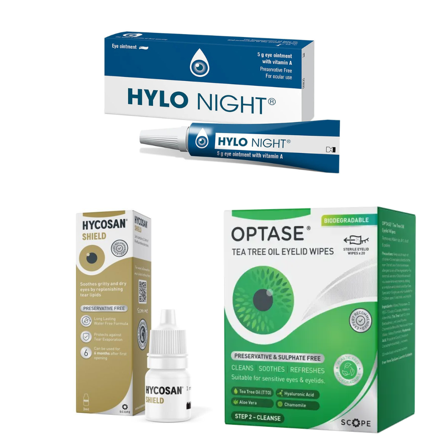 Collection of eye care products including Hylo Night, Hycosan Shield, and Optase Tea Tree Oil Eyelid Wipes on a white background.