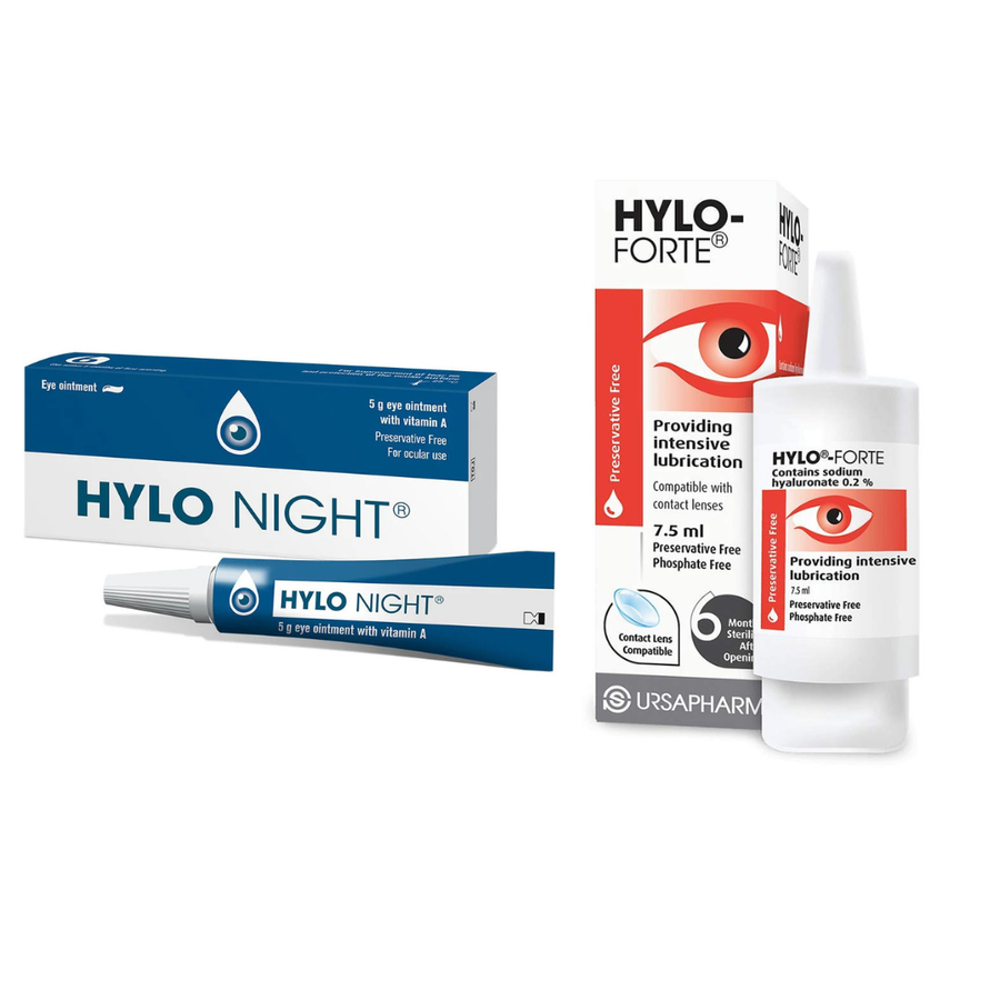 Collection of Hylo Night and Hylo Forte eye care products on a white background