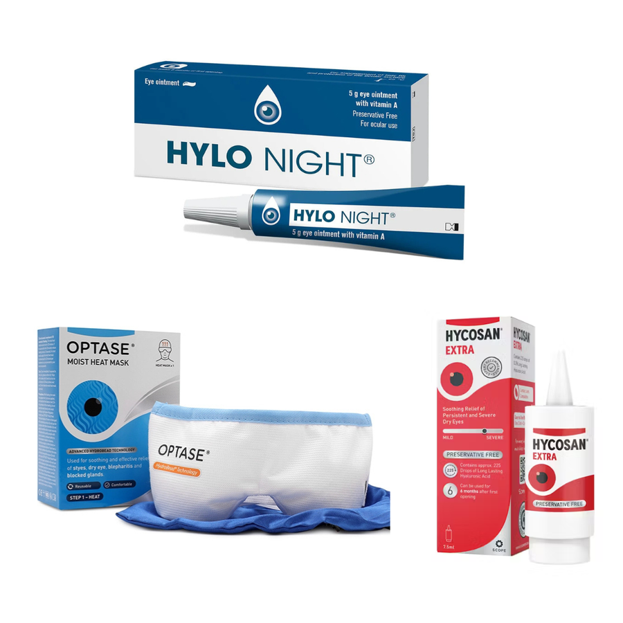 Collection of eye care products including Hylo Night, Optase, and Hycosan on a white background