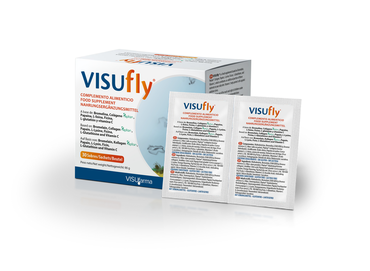 Visufly dietary supplement packaging, showing a white box with blue and orange branding alongside two individual sachets in front, photographed on a clean white background.