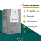 Zocular eyelid cleanser and moisturizer packaging with usage benefits listed on a green and white background