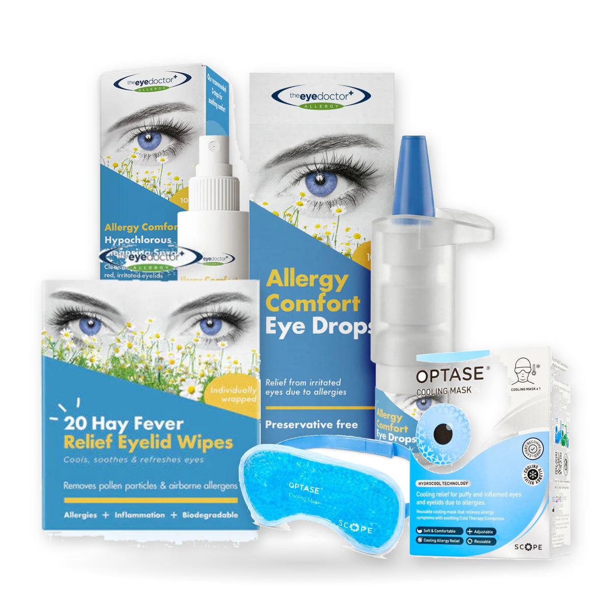 Allergy & Sensitive Dry Eye Kit: Eye Doctor Allergy Comfort drops, spray, wipes and OPTASE Cooling Mask grouped together on a white background