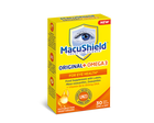 Packaging of MacuShield Original+ Omega 3 food supplement for eye health, highlighting plant-based omega LMZ3, with 30 capsules included.