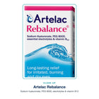 Close-up of Artelac Rebalance packaging: sodium hyaluronate, PEG 8000, electrolytes and vitamin B12