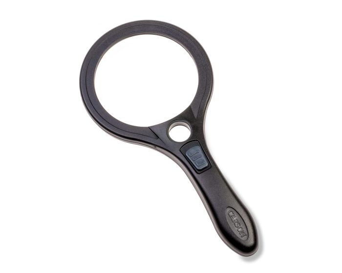 arson round handheld magnifying glass with light switch.
