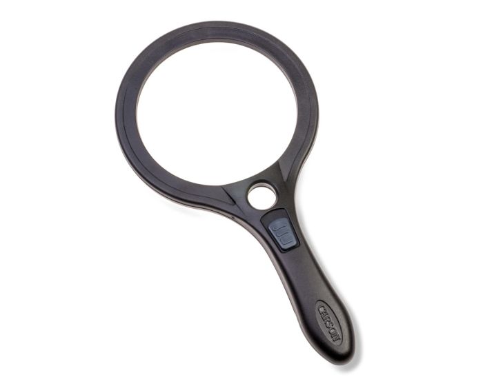 Carson round handheld magnifying glass with light switch.