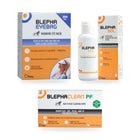 Blepha 3-Step MGD & Blepharitis Kit: Blepha EyeBag, Blepha Sol micellar lotion and Blephaclean PF wipes side by side on a white background