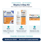 Blepha 3-Step Kit features: warm with EyeBag, cleanse with Blepha Sol, wipe with Blephaclean PF