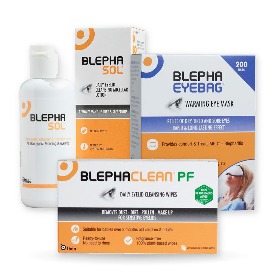 Blepha 3-Step MGD & Blepharitis Kit: Blepha EyeBag, Blepha Sol and Blephaclean PF grouped together on a white background