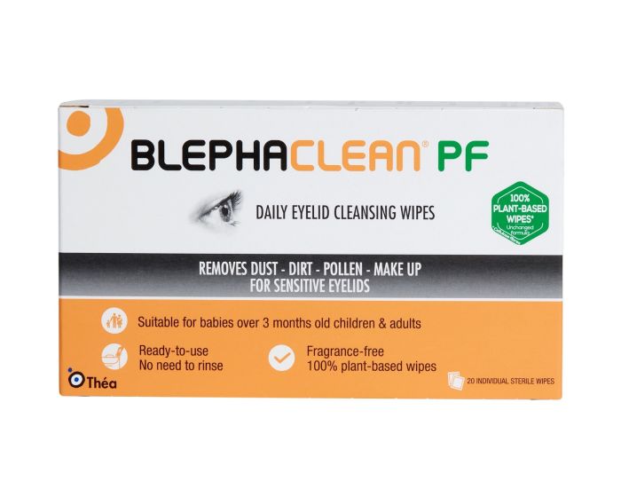Box of BlephaClean PF eyelid cleansing wipes on a white background