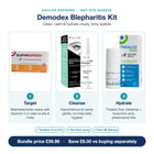 Demodex Blepharitis Kit features: target with Blephademodex, cleanse with hypochlorous spray, hydrate with Thealoz Duo